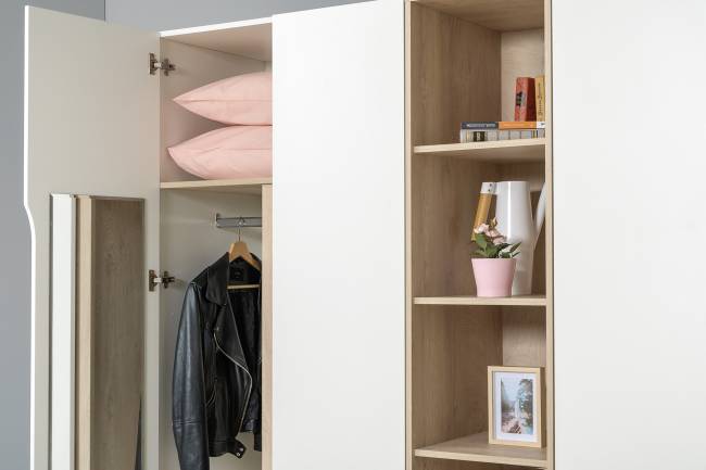 Мебель в спальню Муссон № 5 цвет белый/дуб эндгрейн элегантный/искусственная кожа белая, кровать с подъёмным механизмом 1600