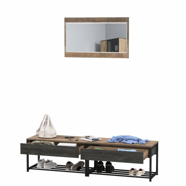 Две тумбы для обуви с сиденьем и зеркалом Трувор цвет дуб гранж песочный/интра