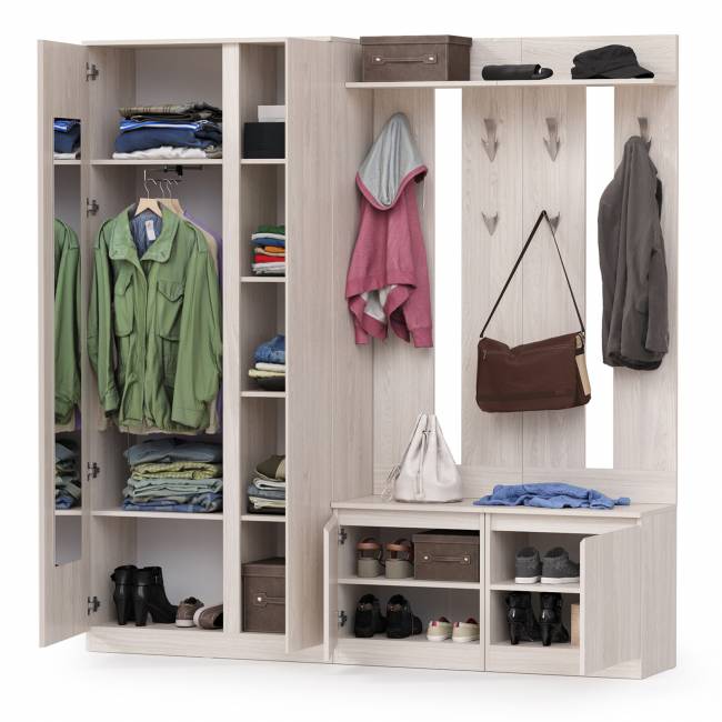 Шкаф для одежды и обувницы с вешалками для верхней одежды Ника цвет ясень анкор светлый
