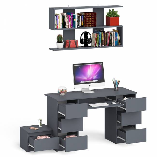 Двухтумбовый стол компьютерный Мори МС-2 с тумбочкой с ящиком и полкой на 1200 цвет графит