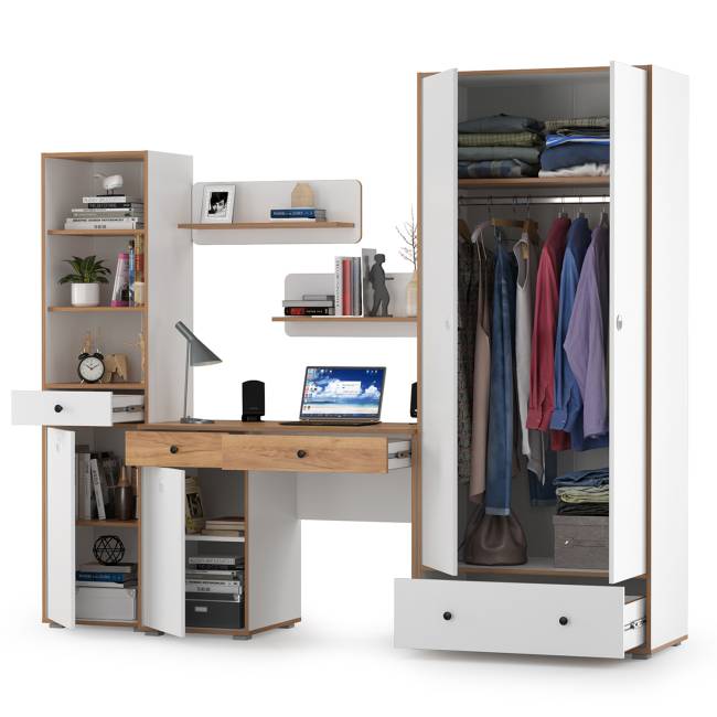 Мебельная стенка в молодёжную комнату Вуди № 23 цвет белый премиум/дуб крафт золотой