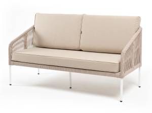 "Канны" диван 2-местный плетеный из роупа, каркас алюминий белый муар, роуп бежевый круглый, ткань бежевая 052 "Канны" диван 2-местный плетеный из роупа, каркас алюминий белый муар, роуп бежевый круглый, ткань бежевая 052