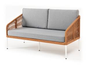 "Канны" диван 2-местный плетеный из роупа, каркас алюминий светло-серый (RAL7035) муар, роуп оранжевый меланж круглый, ткань светло-серая "Канны" диван 2-местный плетеный из роупа, каркас алюминий светло-серый (RAL7035) муар, роуп оранжевый меланж круглый, ткань светло-серая