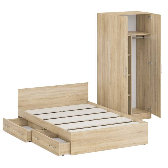 Двуспальная кровать с ящиками 1400 со шкафом для одежды 2-х створчатым Стандарт цвет дуб сонома Двуспальная кровать с ящиками 1400 со шкафом для одежды 2-х створчатым Стандарт цвет дуб сонома