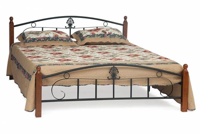 Кровать РУМБА (AT-203)/ RUMBA дерево гевея/металл, 160*200 см (Queen bed), красный дуб/черный красный дуб/черный дерево гевея/металл