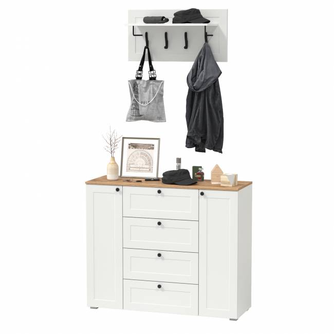 Комод четыре ящика и две дверки и вешалка для одежды Остин цвет белый шагрень/дуб крафт золотой Комод четыре ящика и две дверки и вешалка для одежды Остин цвет белый шагрень/дуб крафт золотой