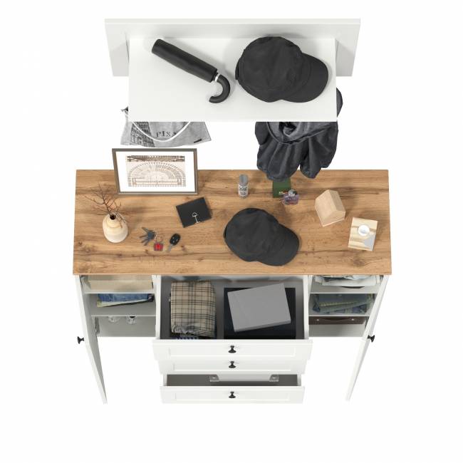 Комод четыре ящика и две дверки и вешалка для одежды Остин цвет белый шагрень/дуб крафт золотой Комод четыре ящика и две дверки и вешалка для одежды Остин цвет белый шагрень/дуб крафт золотой