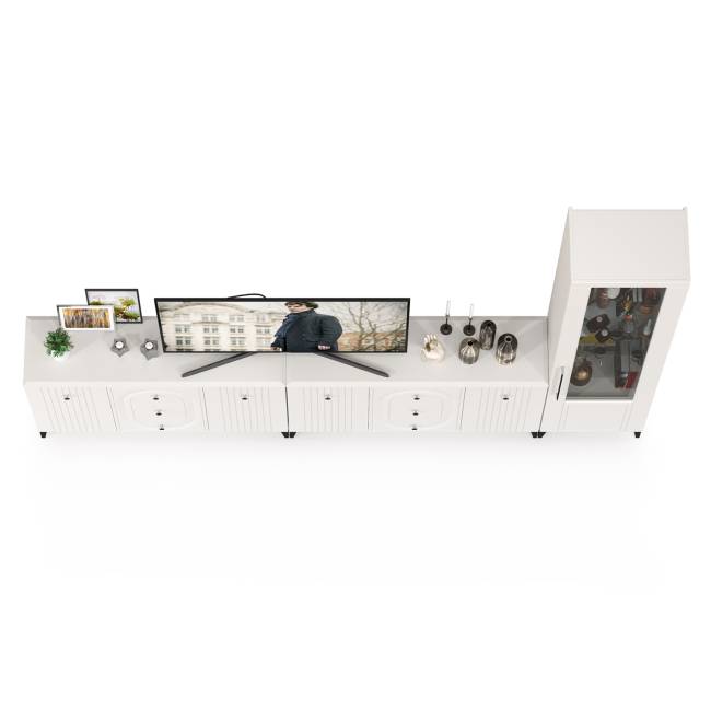 Пенал со стеклом и два комода под ТВ Валенсия цвет белый шагрень