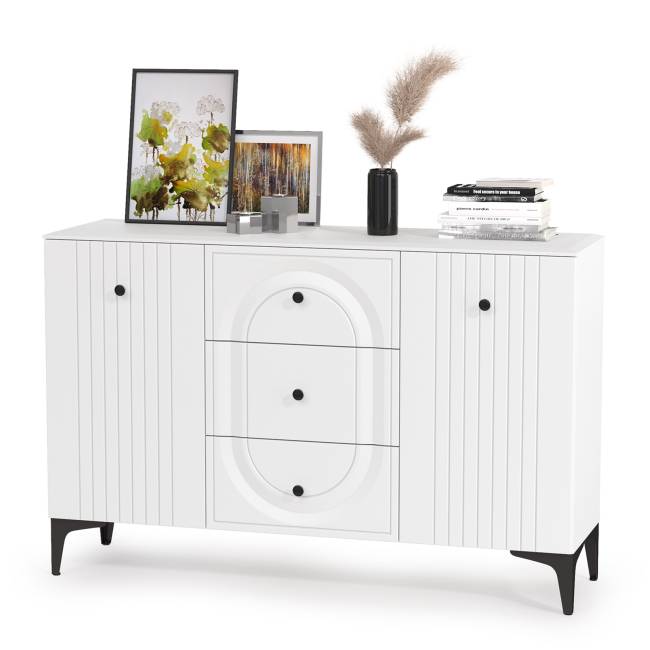 Пенал со стеклом и два комода под ТВ Валенсия цвет белый шагрень