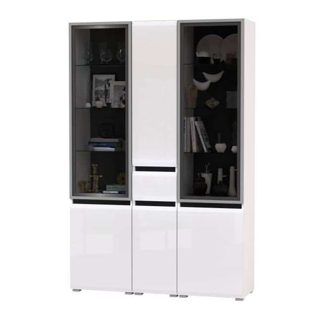 Горка для гостиной Сидней из шкаф-витрина 2 штуки и шкаф с ящиком 13.202 цвет белый/чёрный/МДФ белый глянец Горка для гостиной Сидней из шкаф-витрина 2 штуки и шкаф с ящиком 13.202 цвет белый/чёрный/МДФ белый глянец