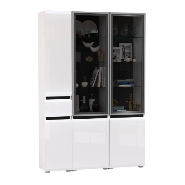 Горка для гостиной Сидней из шкаф-витрина 2 штуки и шкаф с ящиком 13.202 цвет белый/чёрный/МДФ белый глянец Горка для гостиной Сидней из шкаф-витрина 2 штуки и шкаф с ящиком 13.202 цвет белый/чёрный/МДФ белый глянец