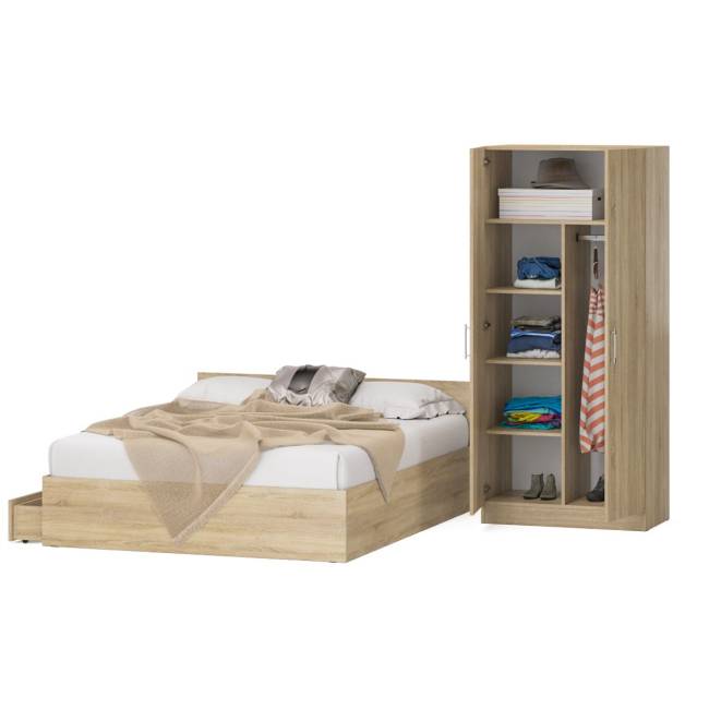 Двуспальная кровать с ящиками 1600 со шкафом для одежды 2-х створчатым Стандарт цвет дуб сонома Двуспальная кровать с ящиками 1600 со шкафом для одежды 2-х створчатым Стандарт цвет дуб сонома
