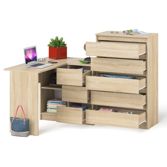 Высокий комод 700 пять ящиков и угловой компьютерный стол МС-16 правый серии Мори цвет дуб сонома Высокий комод 700 пять ящиков и угловой компьютерный стол МС-16 правый серии Мори цвет дуб сонома