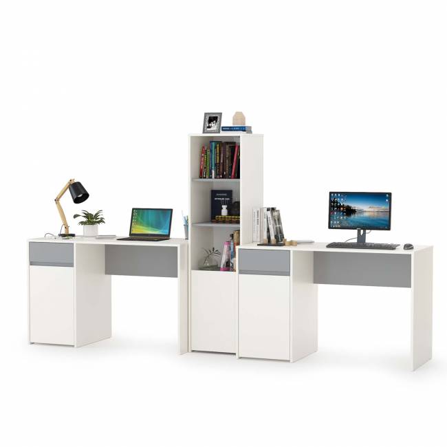 Два письменных стола и открытый стеллаж Торонто цвет белый шагрень/стальной серый Два письменных стола и открытый стеллаж Торонто цвет белый шагрень/стальной серый
