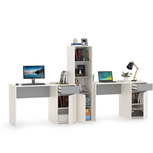 Два письменных стола и открытый стеллаж Торонто цвет белый шагрень/стальной серый Два письменных стола и открытый стеллаж Торонто цвет белый шагрень/стальной серый