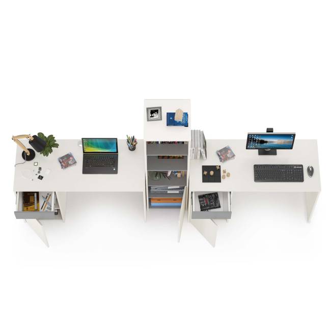 Два письменных стола и открытый стеллаж Торонто цвет белый шагрень/стальной серый Два письменных стола и открытый стеллаж Торонто цвет белый шагрень/стальной серый