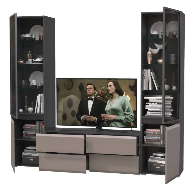 Гостиная из ТВ-тумбы и двух шкафов-витрин Сидней цвет антрацит/МДФ веллюто капучино