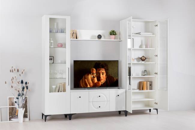 Стенка для гостиной с сервантом Валенсия № 60 цвет белый шагрень