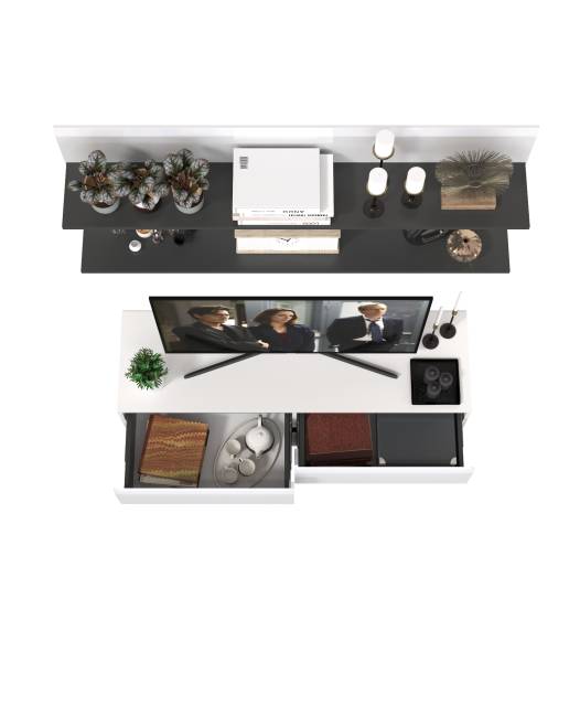 Две открытых полочки с тумбой для аппаратуры Сидней цвет белый/чёрный/МДФ белый глянец