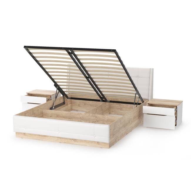 Кровать с подъёмным основанием и двумя прикроватными тумбами Муссон цвет белый/дуб эндгрейн элегантный/кожзам белый Кровать с подъёмным основанием и двумя прикроватными тумбами Муссон цвет белый/дуб эндгрейн элегантный/кожзам белый
