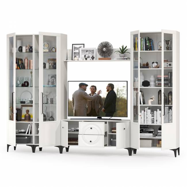 Валенсия стенка в гостиную № 66 цвет белый шагрень