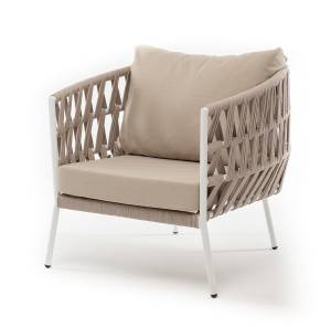 "Диего" кресло плетеное из роупа, каркас алюминий белый муар, роуп бежевый круглый, ткань бежевая 052 "Диего" кресло плетеное из роупа, каркас алюминий белый муар, роуп бежевый круглый, ткань бежевая 052