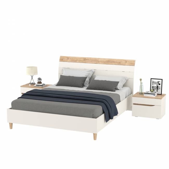 Две прикроватных тумбочки и кровать с основанием 1600 Муссон 11.41 цвет белый/дуб эндгрейн элегантный